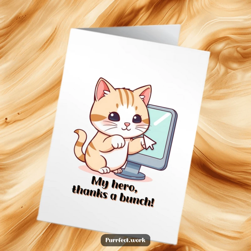 Funny Free Printable Thank You Card: A cat enthusiastically paws at a computer mouse cursor, a playful thank you gesture.