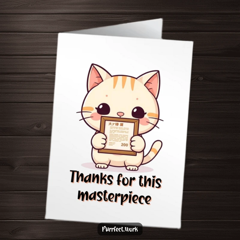 Funny Free Printable Thank You Card: A cat proudly showcases a small framed document, a humorous way to say thanks