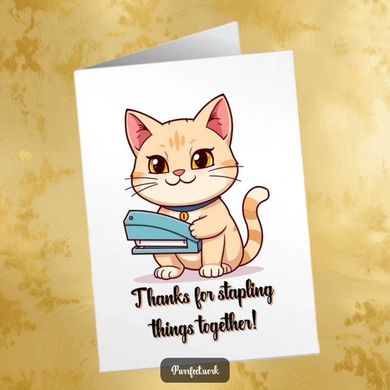Funny Free Printable Thank You Card: A determined cat grins holding a stapler, expressing thanks for completed tasks and efforts.