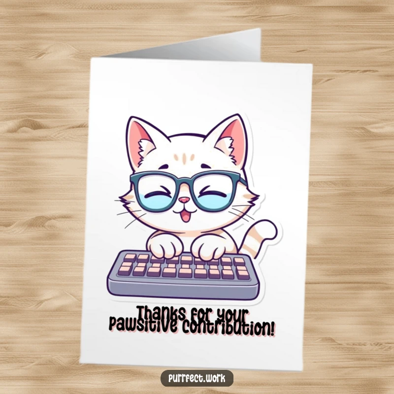 Funny Free Printable Thank You Card: A cat wearing glasses types energetically on a keyboard, thanking you for your hard work.