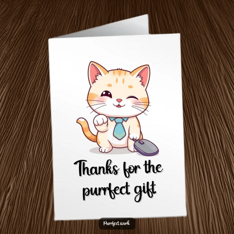 Funny Free Printable Thank You Card: A cat in a sharp tie playfully paws at a computer mouse cursor to say thank you.