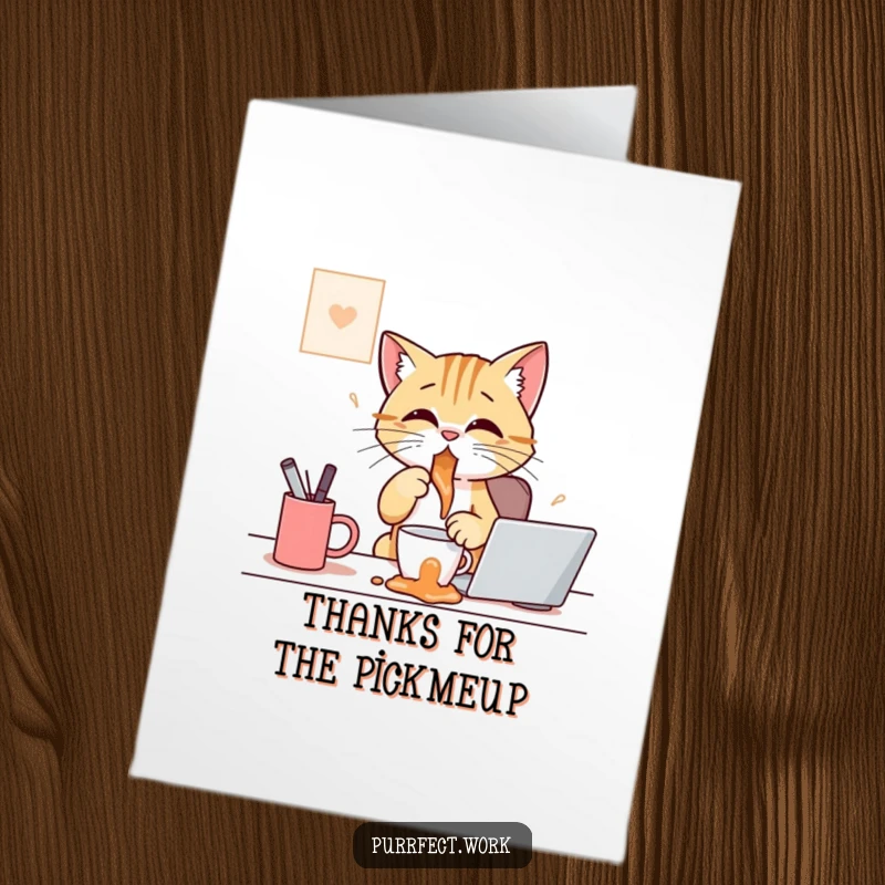 Funny Free Printable Thank You Card: Cat comically spills coffee on a desk, a humorous way to thank someone.