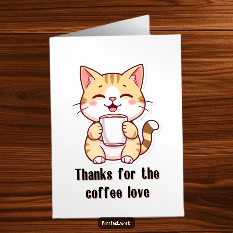 Funny Free Printable Thank You Card: A content cat enjoys a tiny coffee mug, conveying warm appreciation.