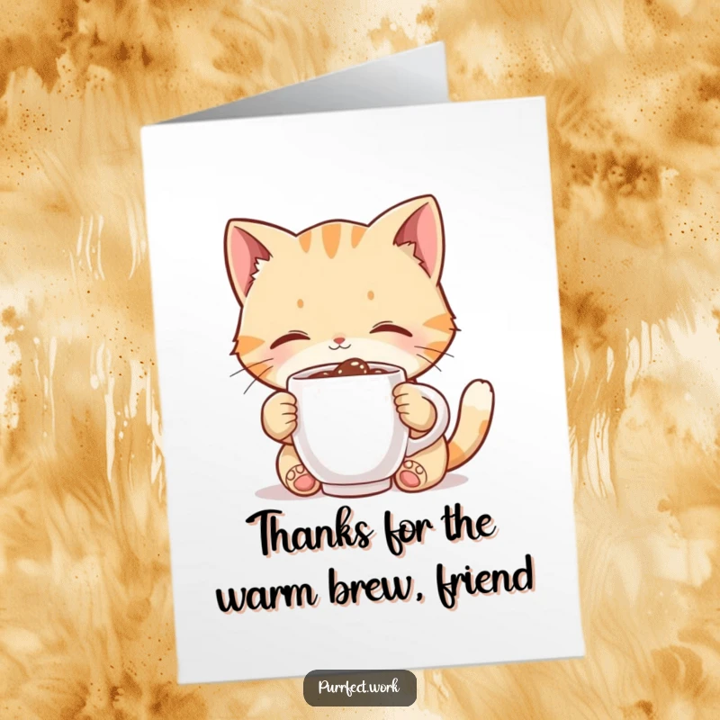 Funny free printable thank you card: a delighted cat sips coffee from a small mug, conveying warm thanks with a humorous twist.