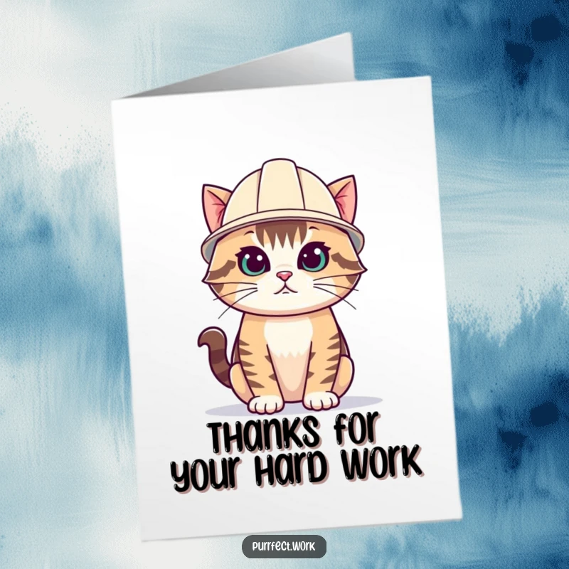Funny Free Printable Thank You Card: Determined cat in a hard hat, expressing thanks with unwavering effort and a cute smile.