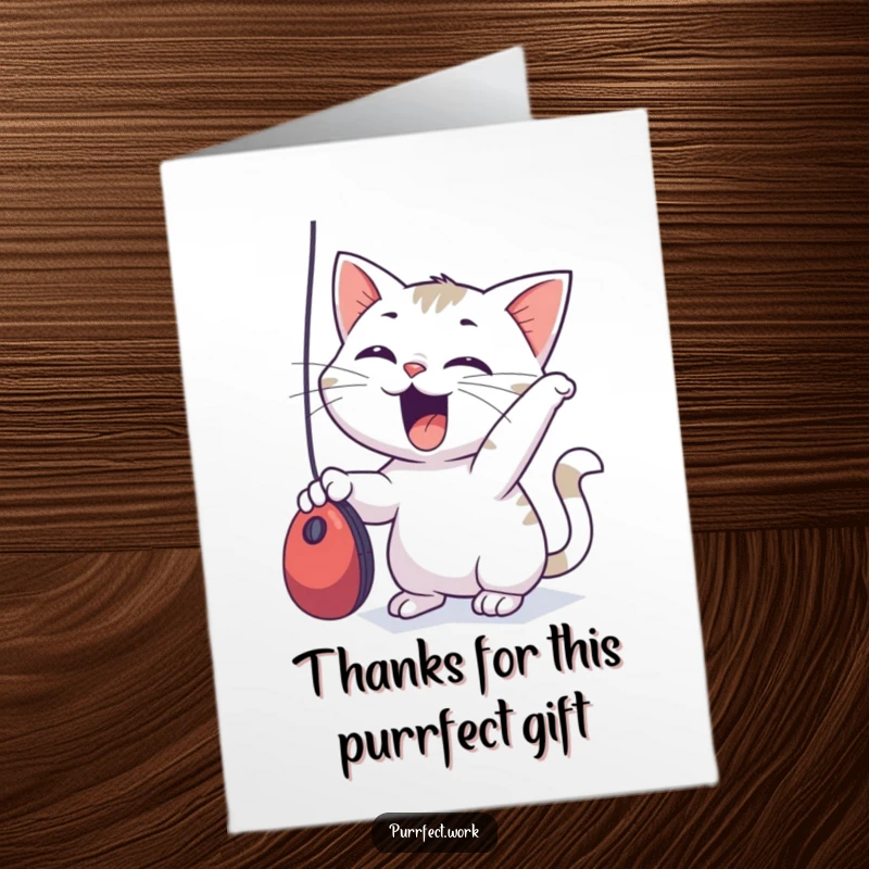 Funny Free Printable Thank You Card depicting an excited cat character playfully attacking a computer mouse.