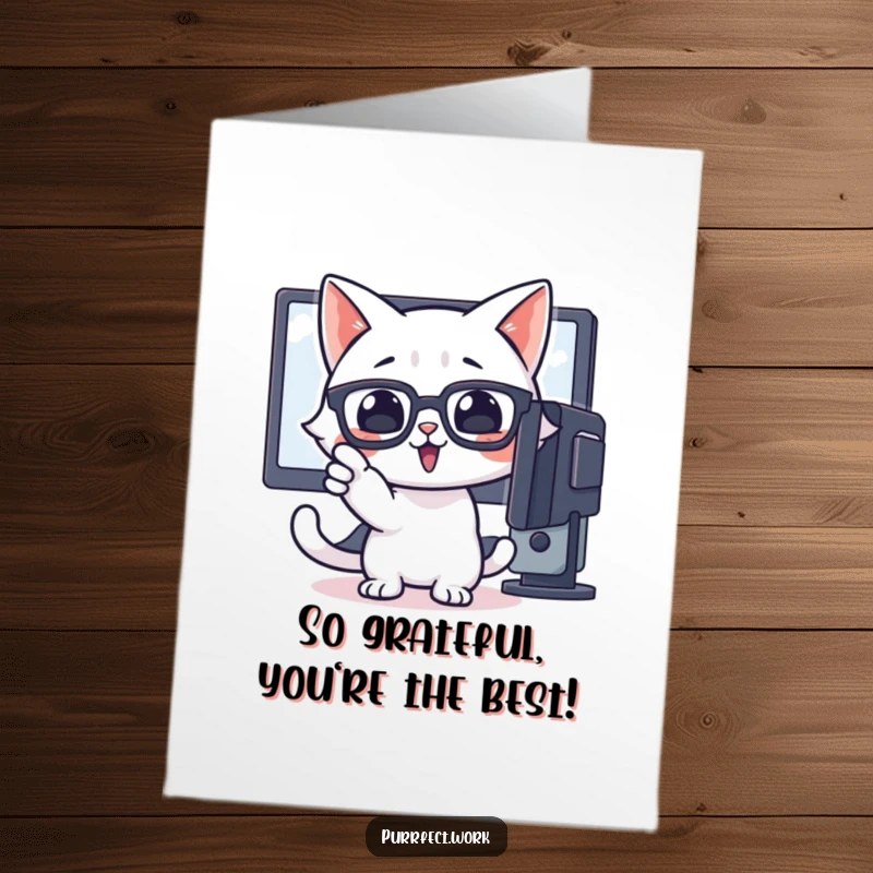 Funny Free Printable Thank You Card with a cat wearing glasses pointing intently at a computer screen.