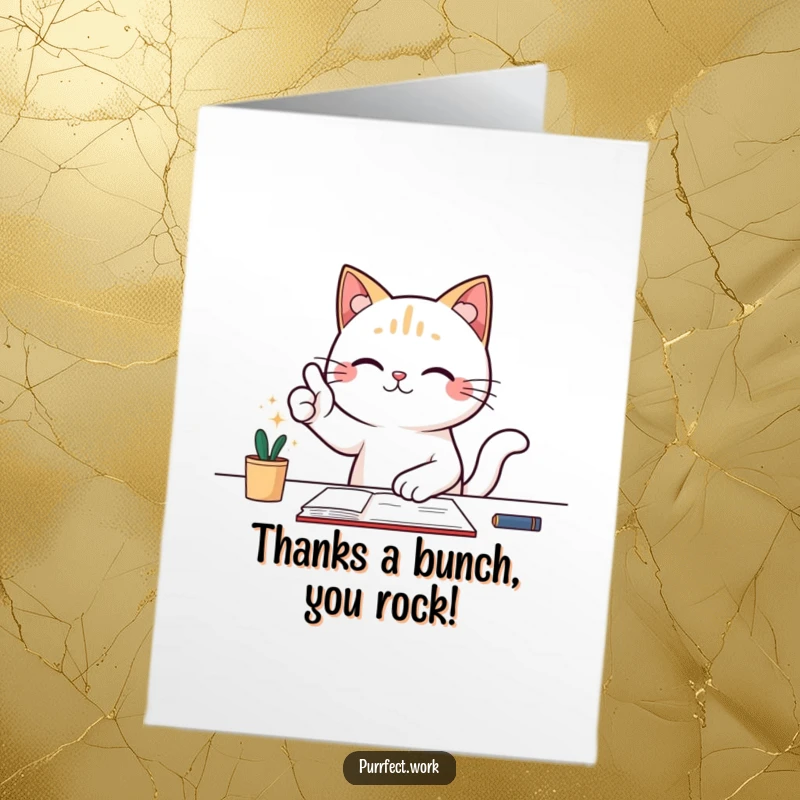 Funny Free Printable Thank You Card with a cat character sitting at a desk and giving a triumphant thumbs-up.