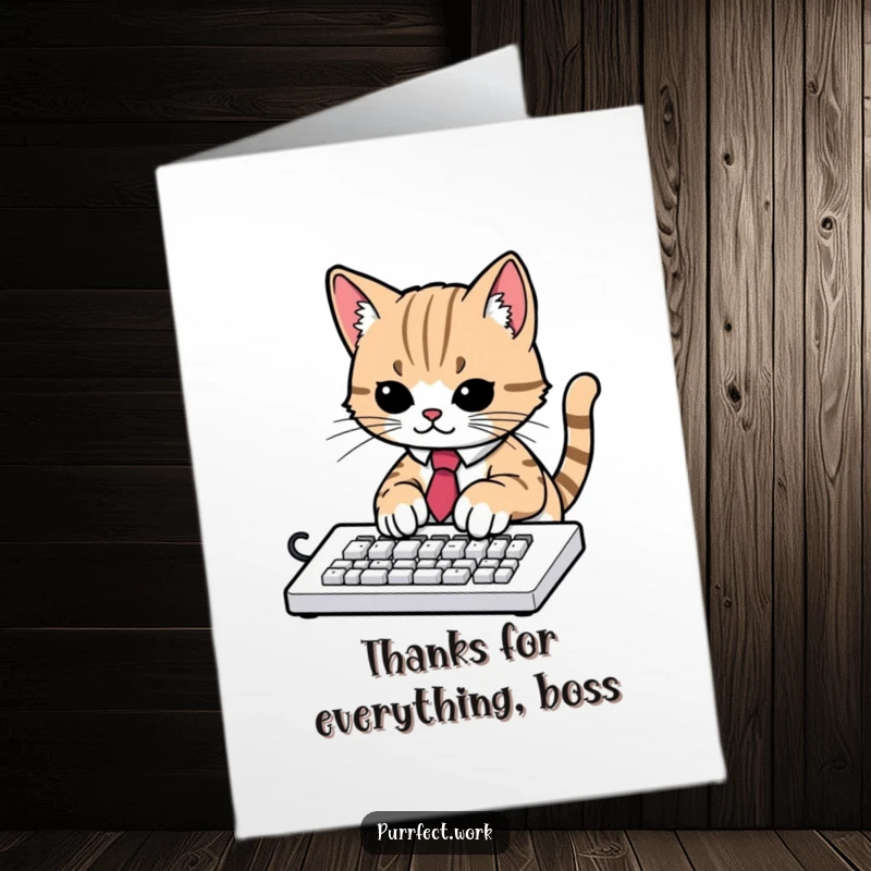 Funny Free Printable Thank You Card: Cat wearing a tie types intensely, a humorous way to send thanks.