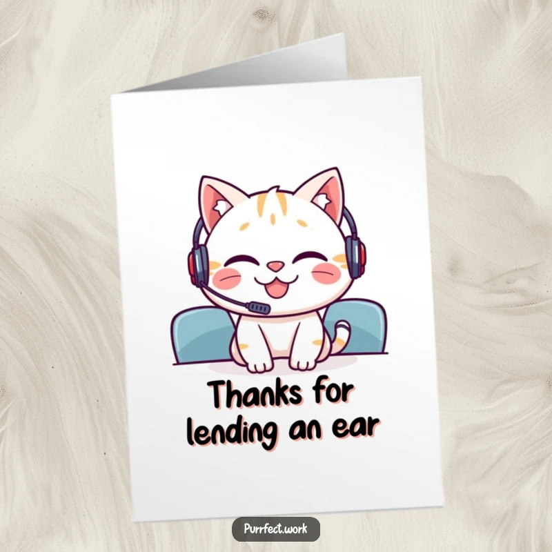 Funny Free Printable Thank You Card: Grinning cat enthusiastically talks into a mini headset during a meeting.