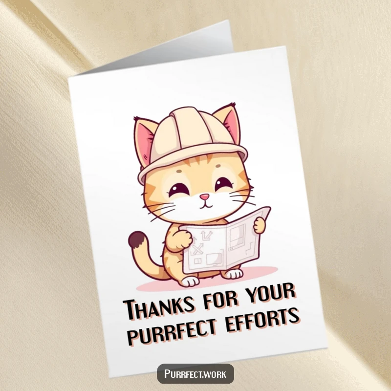 Funny Free Printable Thank You Card: Cat in a hard hat looking at a blueprint, thanking you for the plans.