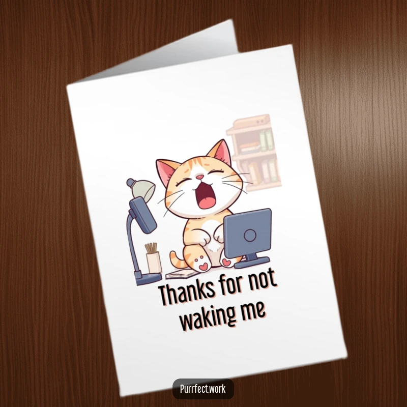 Funny Free Printable Thank You Card: A sleepy cat yawning at its desk, expressing thanks in a low-energy way.
