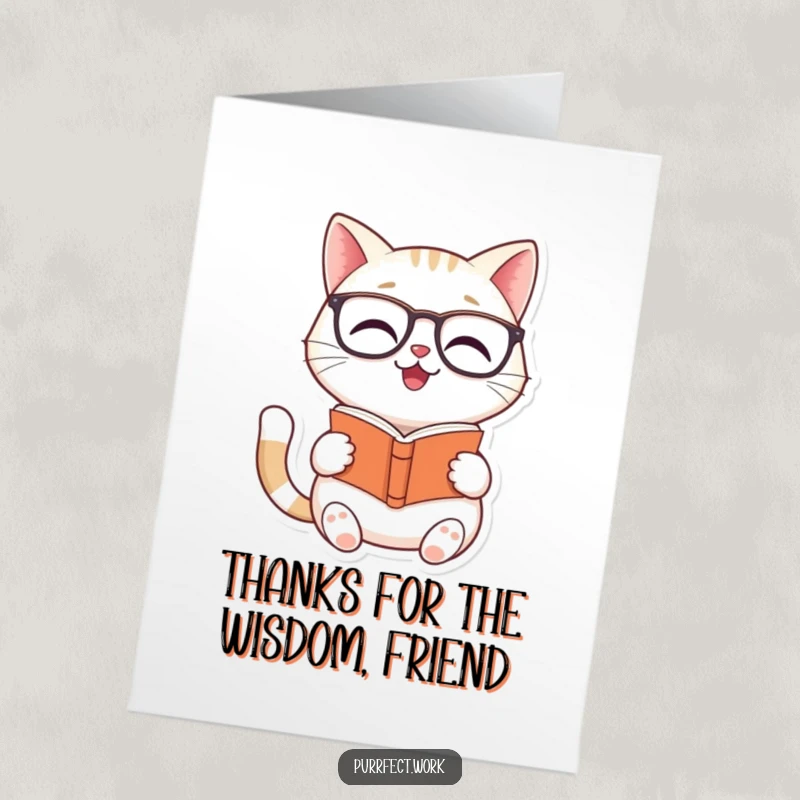 Funny Free Printable Thank You Card: A studious cat wearing glasses reads a book, conveying thanks with a gentle smile.