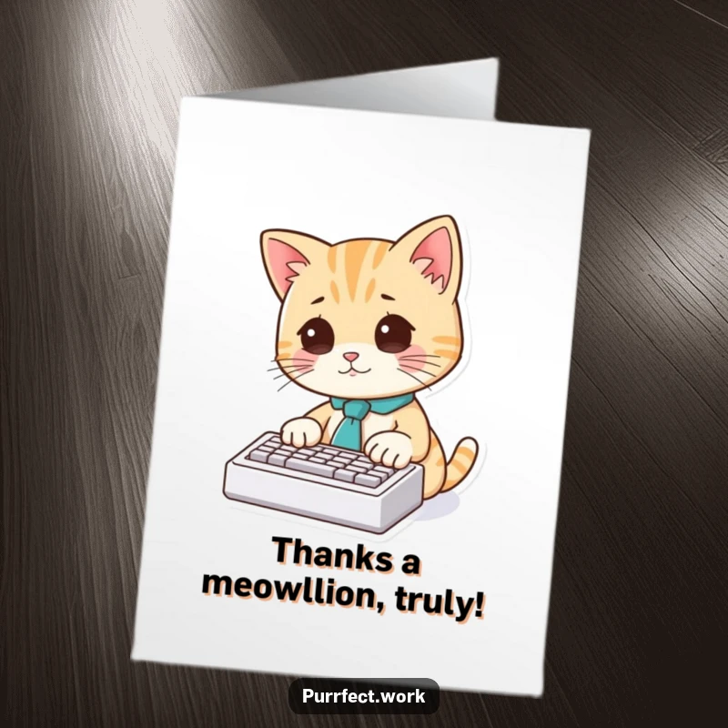 Funny Free Printable Thank You Card: A business-like cat in a tie happily types a thank you message on a miniature keyboard.