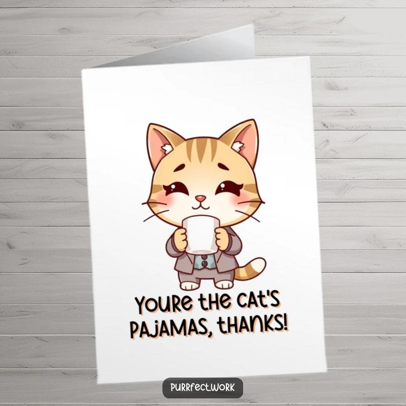 Funny Free Printable Thank You Card: A cat wearing a suit holds a coffee mug, conveying a heartfelt thank you with professional charm.