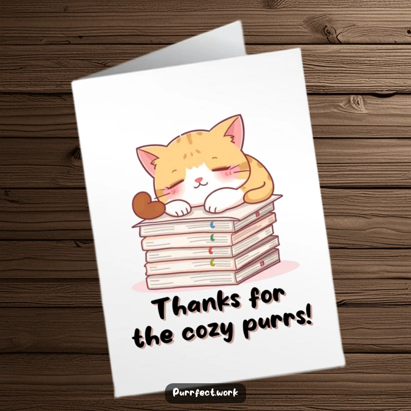 Funny Free Printable Thank You Card: A cat naps on a pile of documents, adorably ignoring tasks, to express thanks. Unique downloadable.