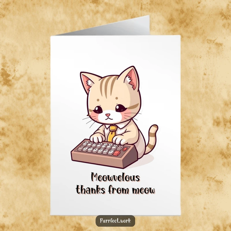 Funny free printable thank you card: a cute cat wearing a tiny tie types on a miniature keyboard, a sophisticated thank you.