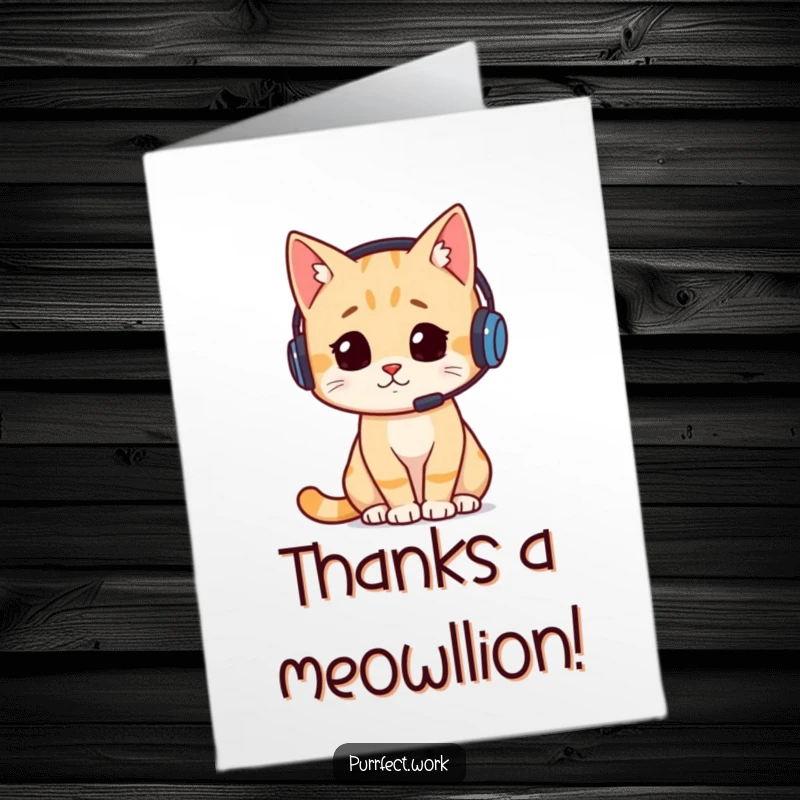Funny Free Printable Thank You Card: A cat in a headset looks incredibly busy at a desk, saying thanks.