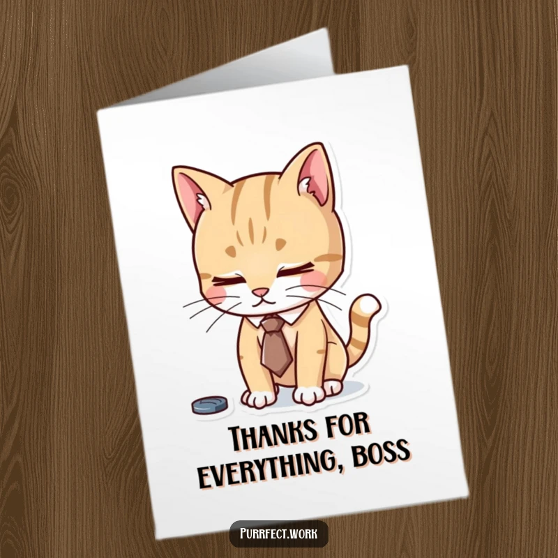 Funny Free Printable Thank You Card: Cat in a tie works hard, expressing sincere thanks with focused effort.