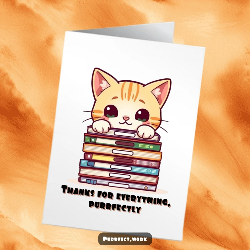 Funny Free Printable Thank You Card: A curious cat curiously peeks over a large stack of office documents.