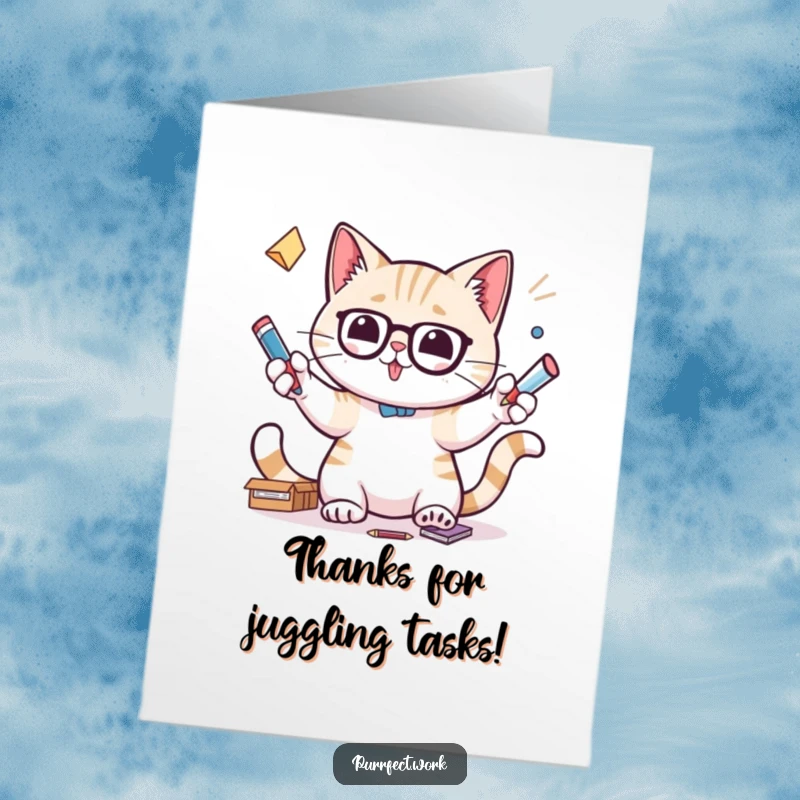 Funny Free Printable Thank You Card with a cat character juggling office supplies like pens and staplers.
