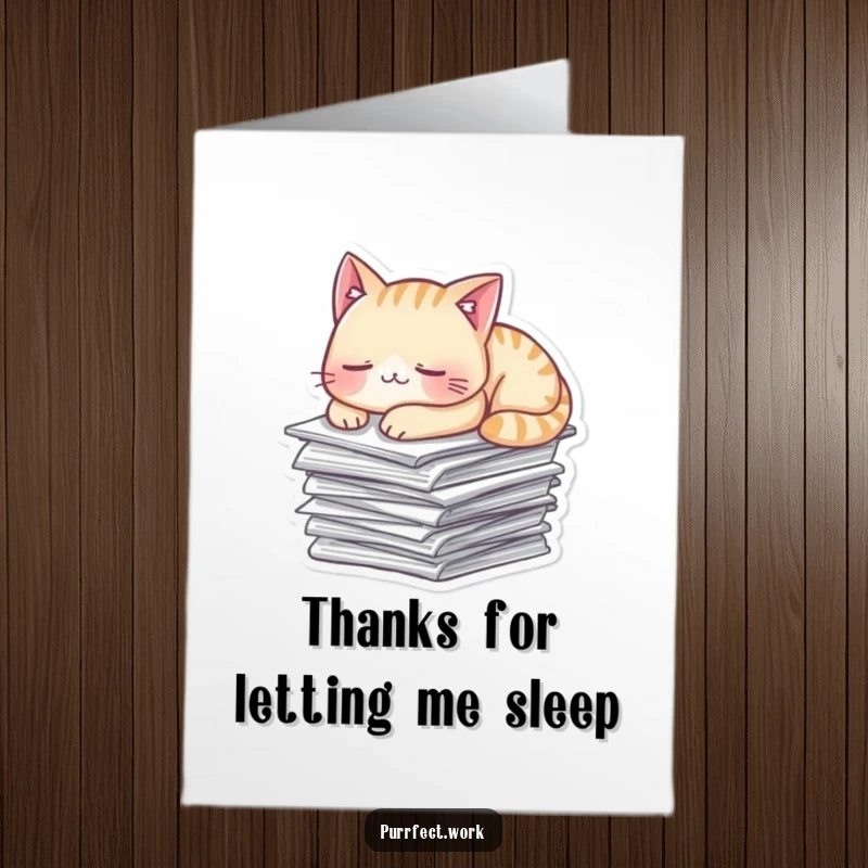 Funny Free Printable Thank You Card of a cat snoozing on a pile of paperwork, adding humor.