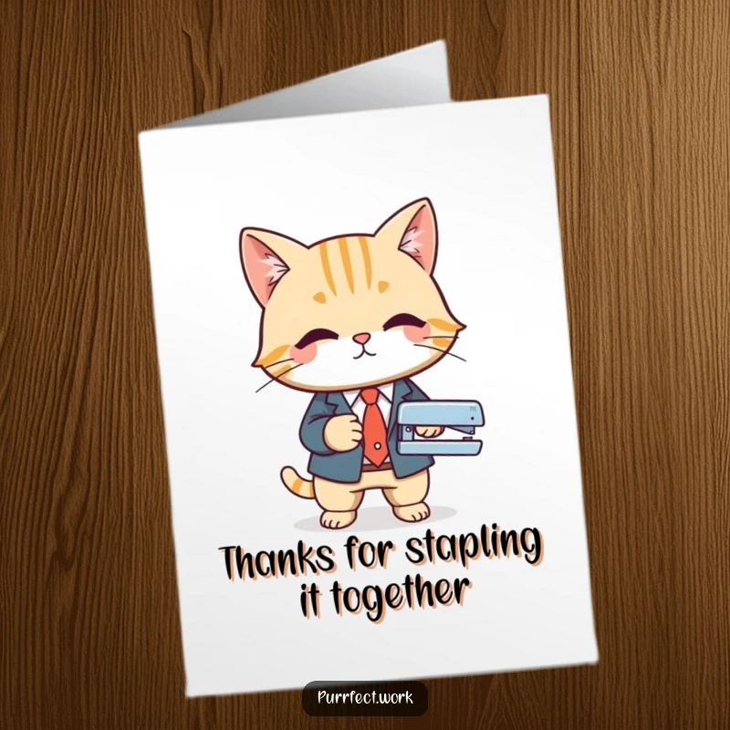 Funny Free Printable Thank You Card: Cat in a business suit uses a stapler, a professional yet funny thank you.