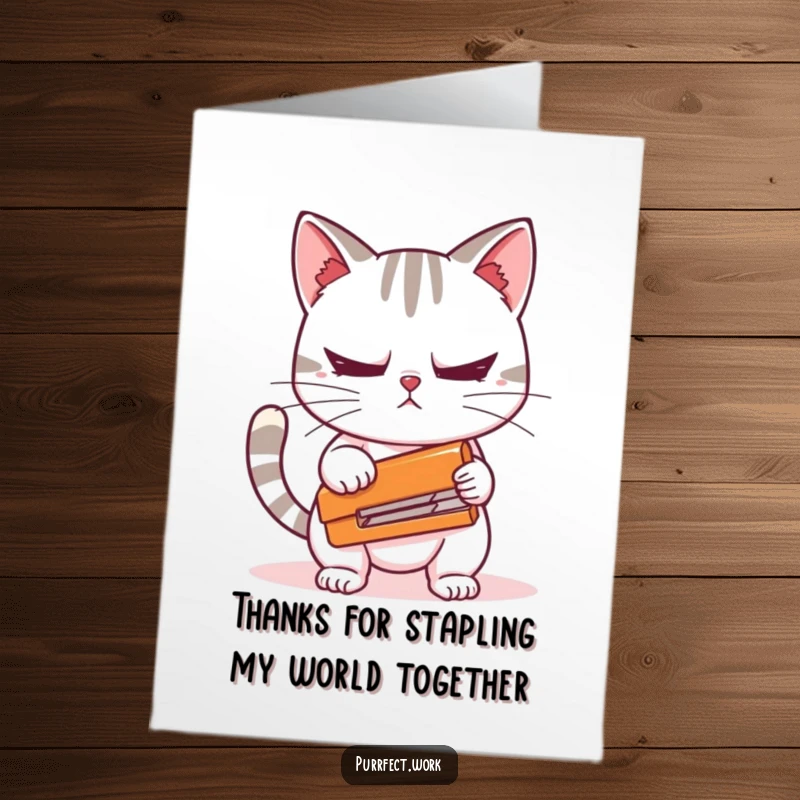 Funny Free Printable Thank You Card: A cat looks extremely anxious while holding a stapler, a unique way to say thanks, print at home.