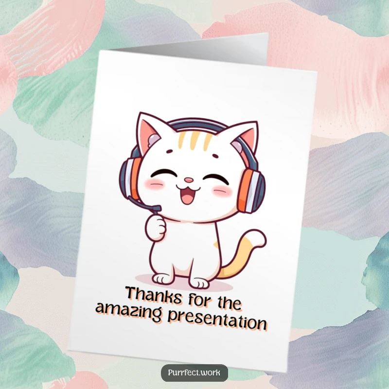 Funny Free Printable Thank You Card: Happy cat DJ with headphones enthusiastically presents, thanking you for the music.