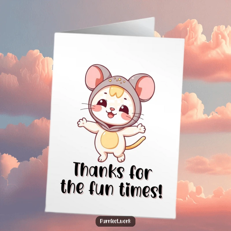 Funny Free Printable Thank You Card: A cat in a mouse costume is doing a happy dance, conveying thanks with pure joy.