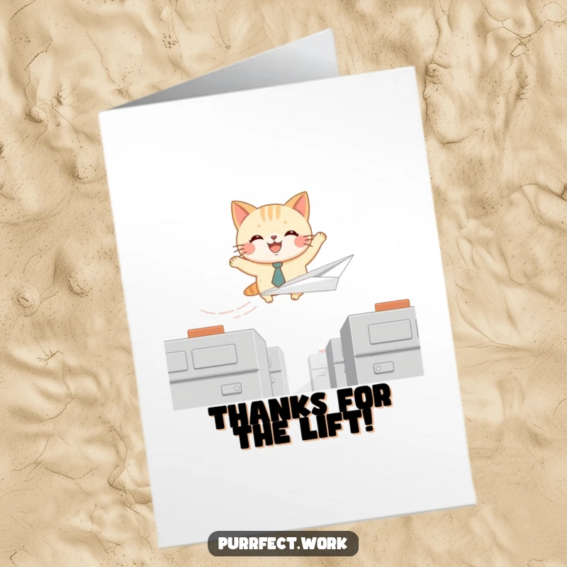 Funny Free Printable Thank You Card: Cat agent in a tie flies a paper airplane, delivering thanks with a humorous office escape.