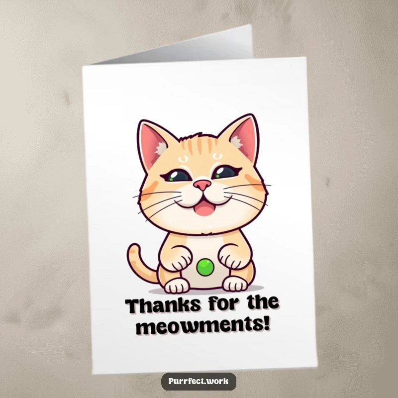 Funny Free Printable Thank You Card: A cat makes a comical face on a video call, perfectly conveying thanks with digital humor. Unique downloadable.