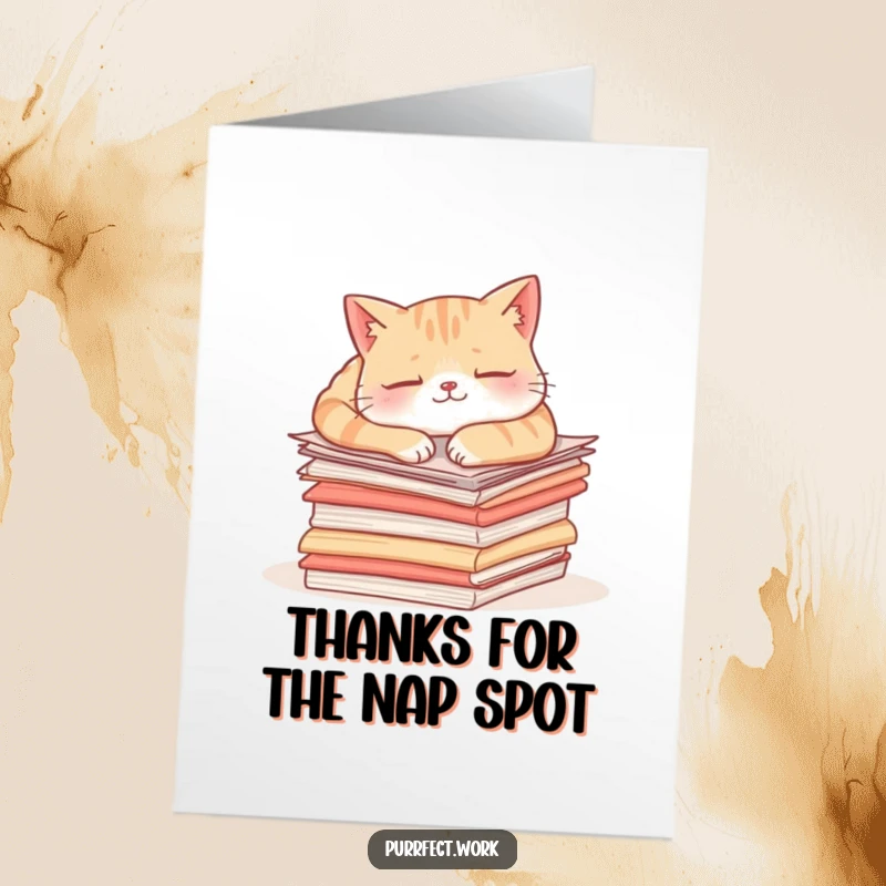 Funny free printable thank you card: Overwhelmed cat deeply napping on a mountain of paperwork.