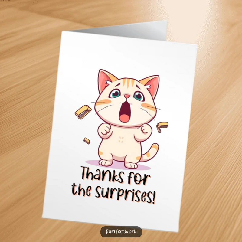 Funny Free Printable Thank You Card: Surprised cat comically juggling miniature staplers, unique office-themed thanks.