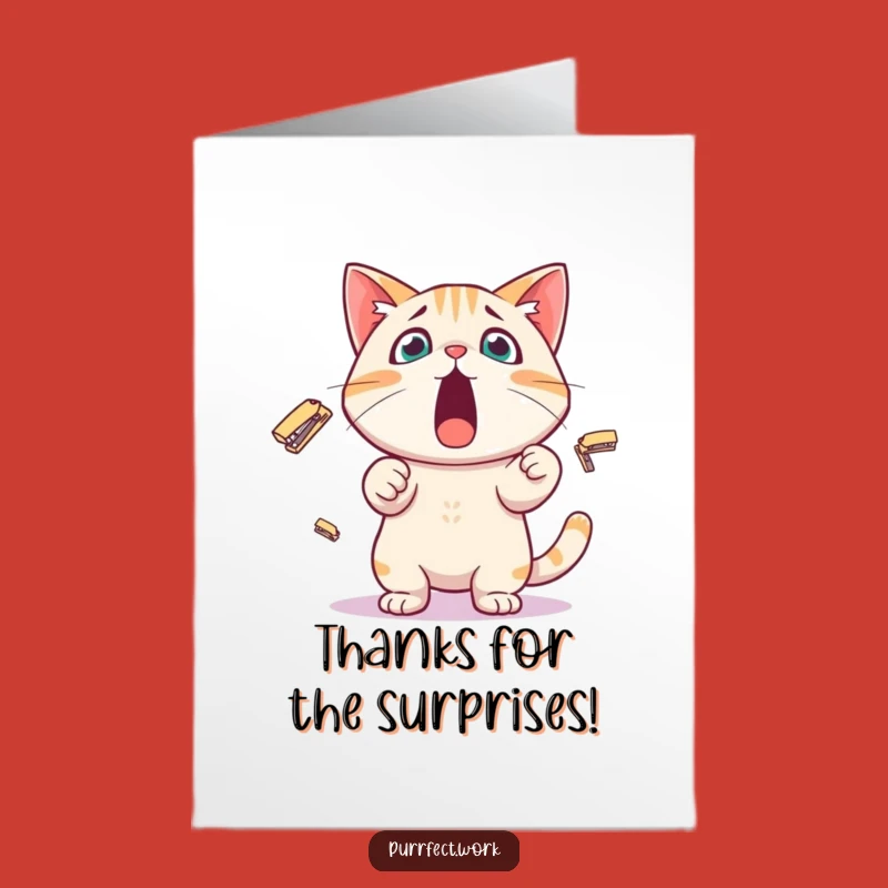 Free Printable Thank You Card: Cat Stapler Juggling Thanks Downloadable Greeting