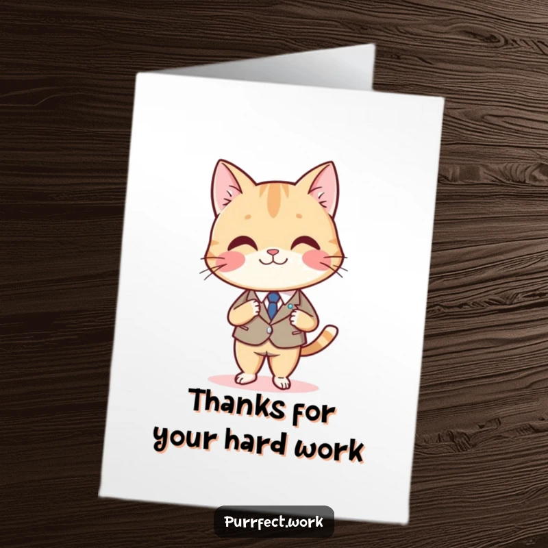 Funny Free Printable Thank You Card: A smiling cat in a tiny suit crosses legs at a desk, expressing thanks elegantly.