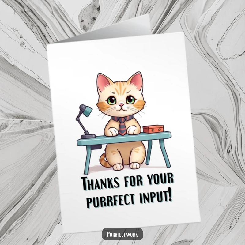 Funny Free Printable Thank You Card: A cat wearing a tiny tie sits at a miniature desk, looking appreciative and professional.