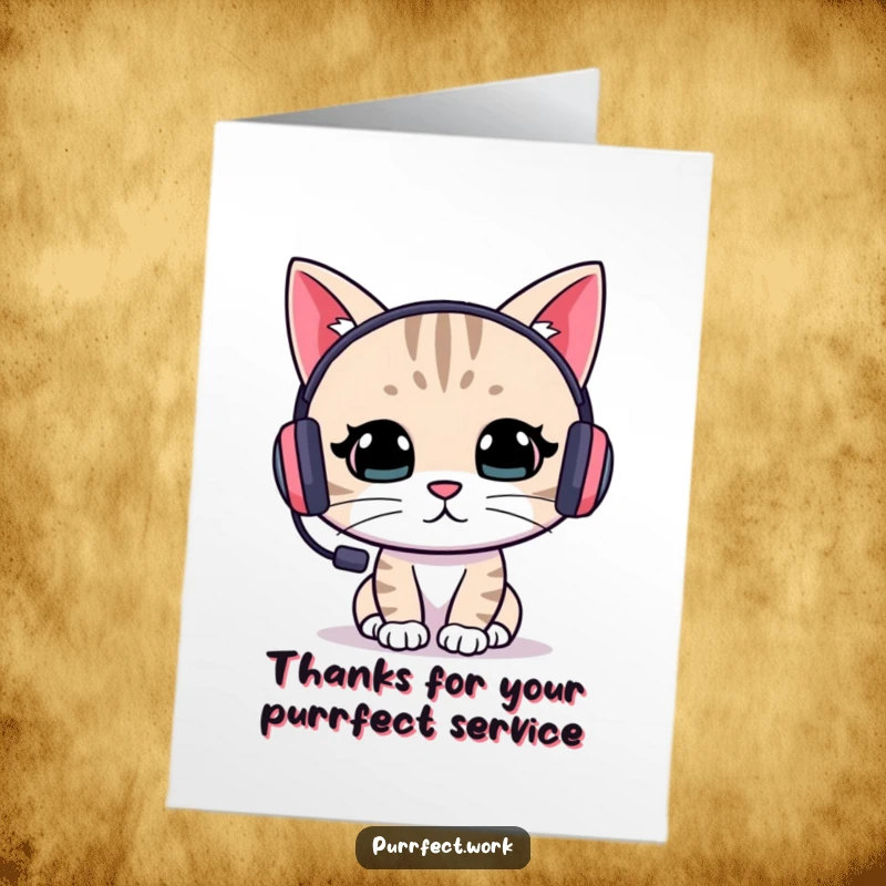 Funny Free Printable Thank You Card: A cat with a headset on, looking diligently at a task, conveying thanks