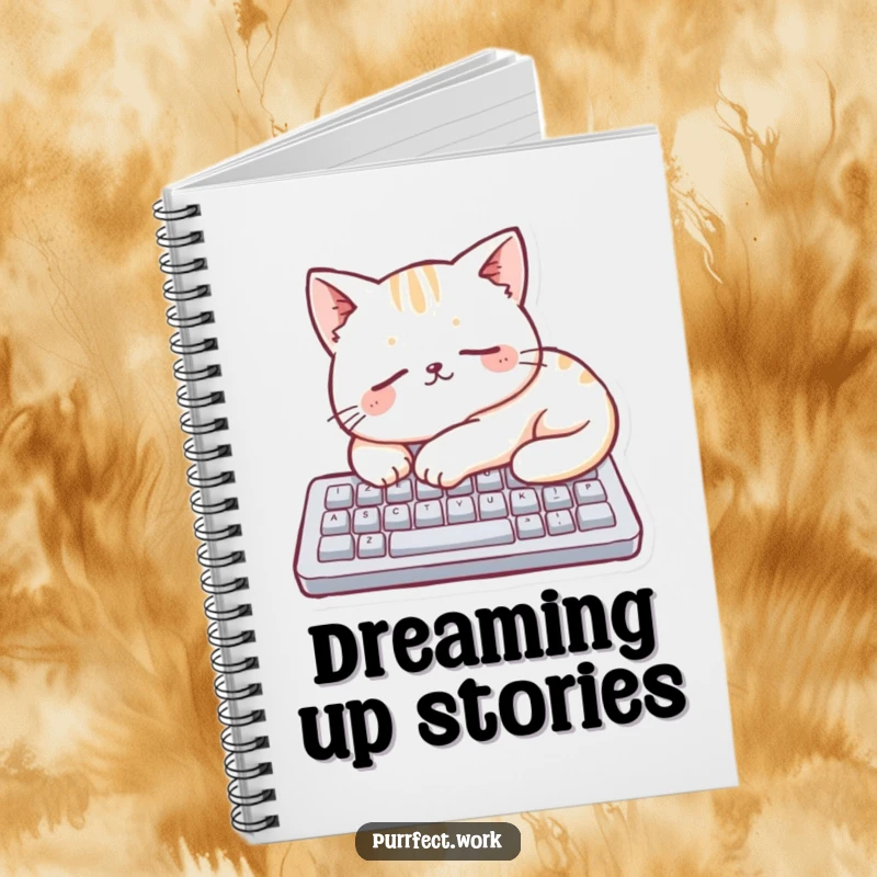 Funny cat character sleeping on a miniature keyboard on a notebook cover, encouraging creative and humorous entries.