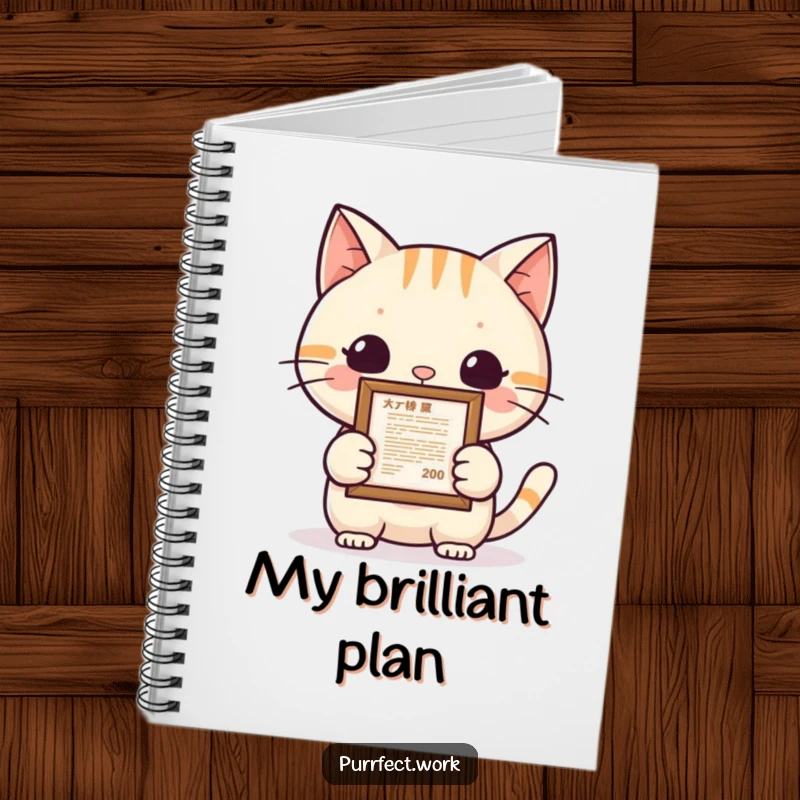 Funny cat achievement notebook featuring a proud cat displaying a framed document, inspiring note-taking about accomplishments and successes with humor.