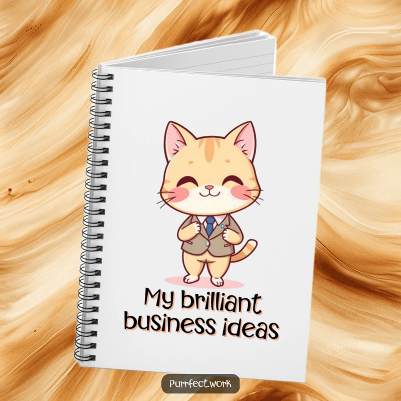 Funny notebook with a smiling cat in a suit, sitting at a desk and crossing legs, perfect for jotting down ideas.