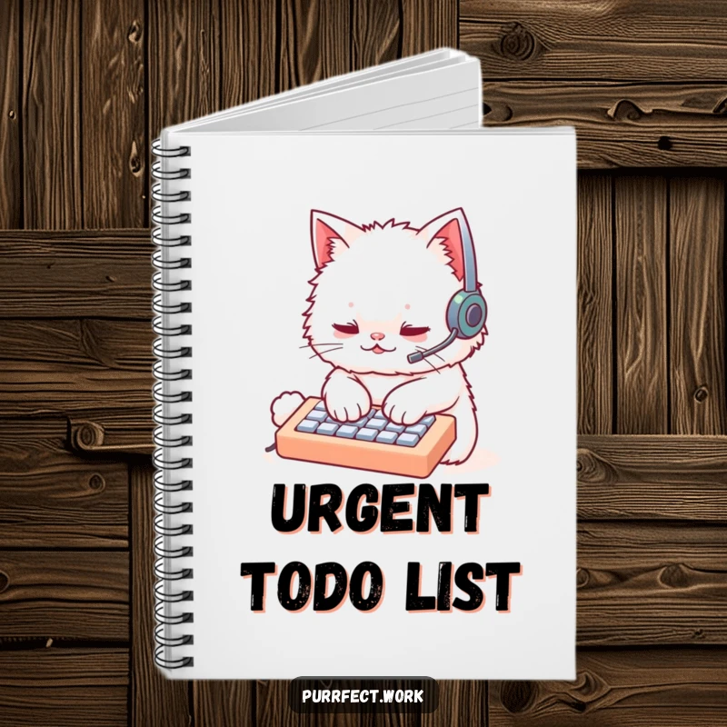 Funny cat wearing a headset, typing on a miniature keyboard, featured on the cover of a lined notebook. Tech-savvy and humorous journal.