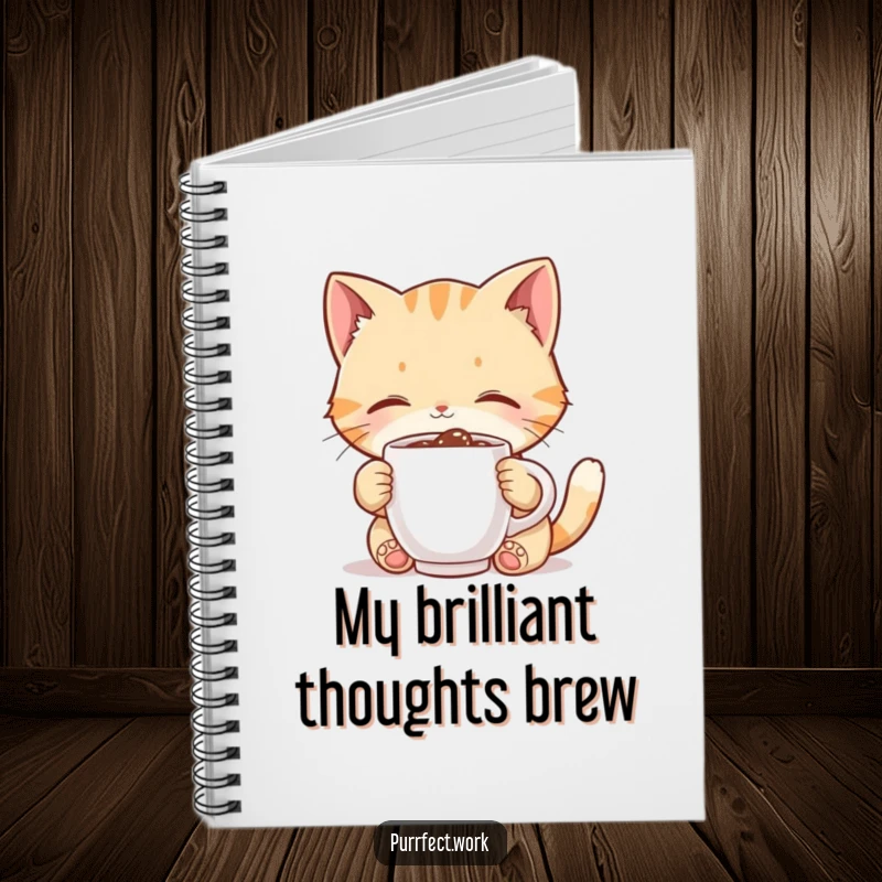 Funny cat notebook, cute character happily sipping from a tiny coffee mug, ideal for notes and journaling with humor.