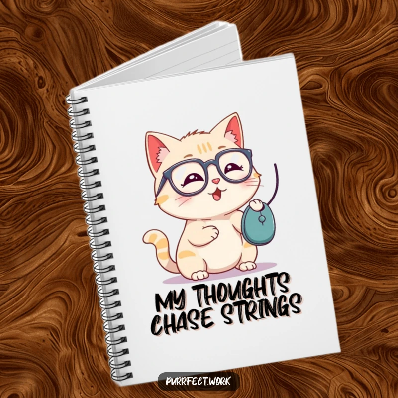 Funny notebook with a playful cat wearing glasses batting a computer mouse, perfect for notes and journaling.