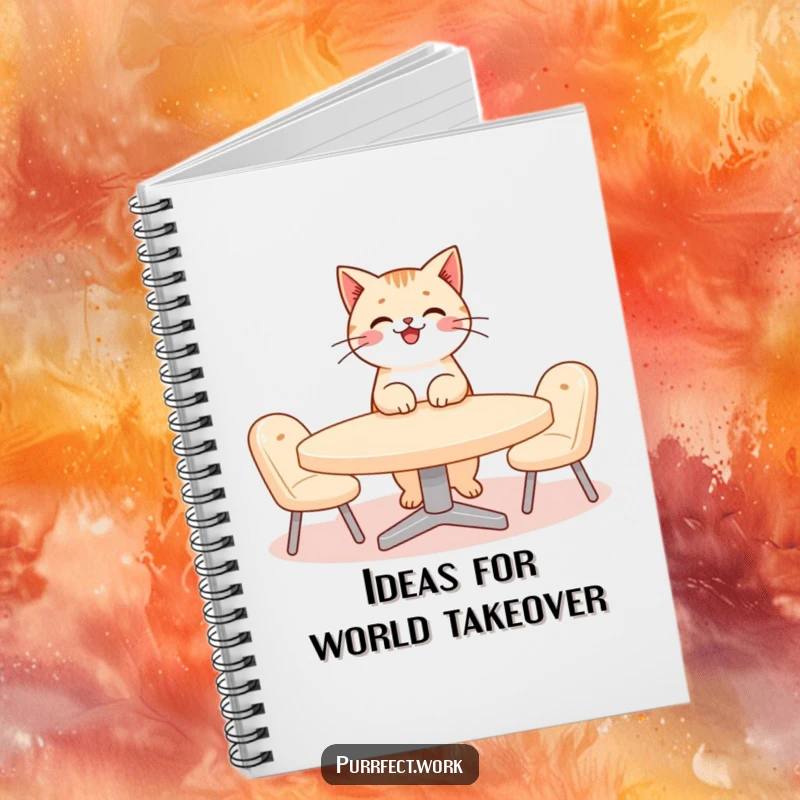 Funny cat meeting notebook with a smiling cat character looking important while overseeing a tiny table meeting, ready for your notes.