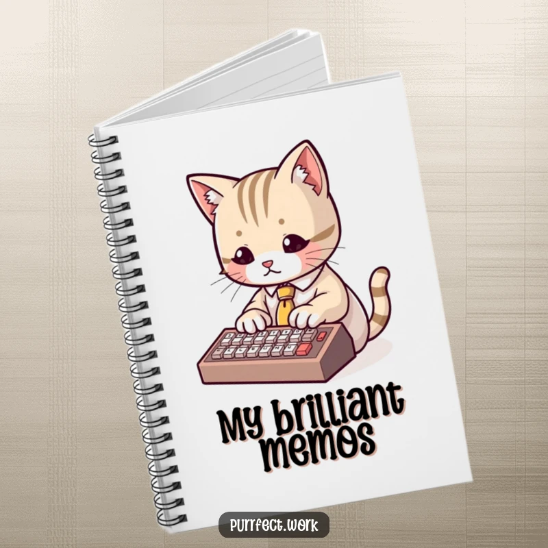 Funny Notebook with a cute cat wearing a tiny tie and typing on a miniature keyboard, designed for humorous and professional note-taking.