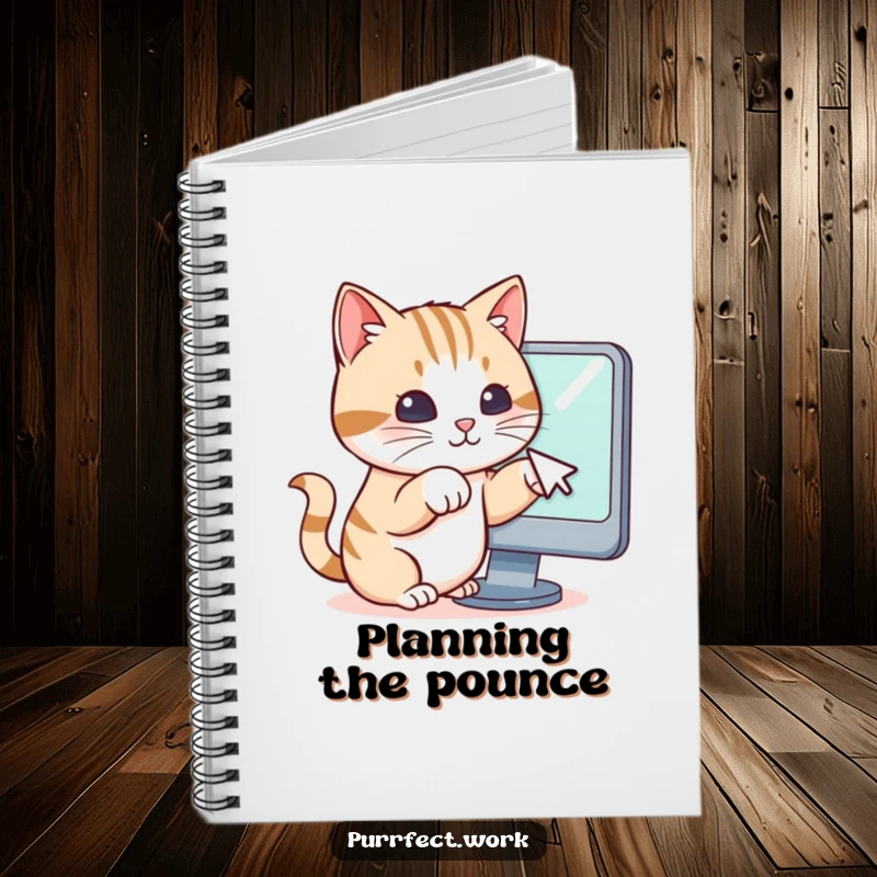Funny notebook cover depicting a cat’s paws trying to catch a computer mouse cursor on a screen, symbolizing digital engagement.