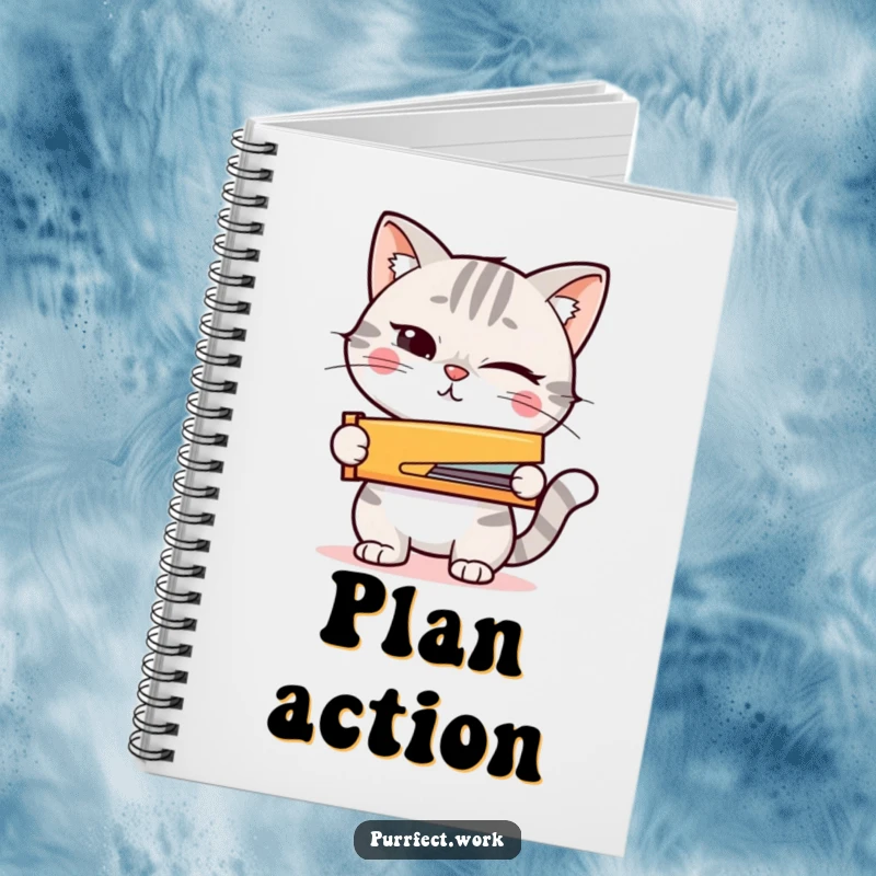 Funny notebook with a winking cat holding a tiny stapler, designed for jotting down action plans.