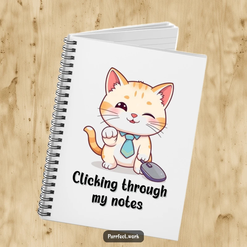 Funny cat notebook, a cat in a tie batting a mouse cursor, ideal for school, work, and personal notes.