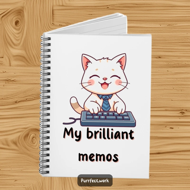 Funny notebook with a smiling cat character wearing a tiny tie, typing on a keyboard, perfect for jotting down professional ideas.